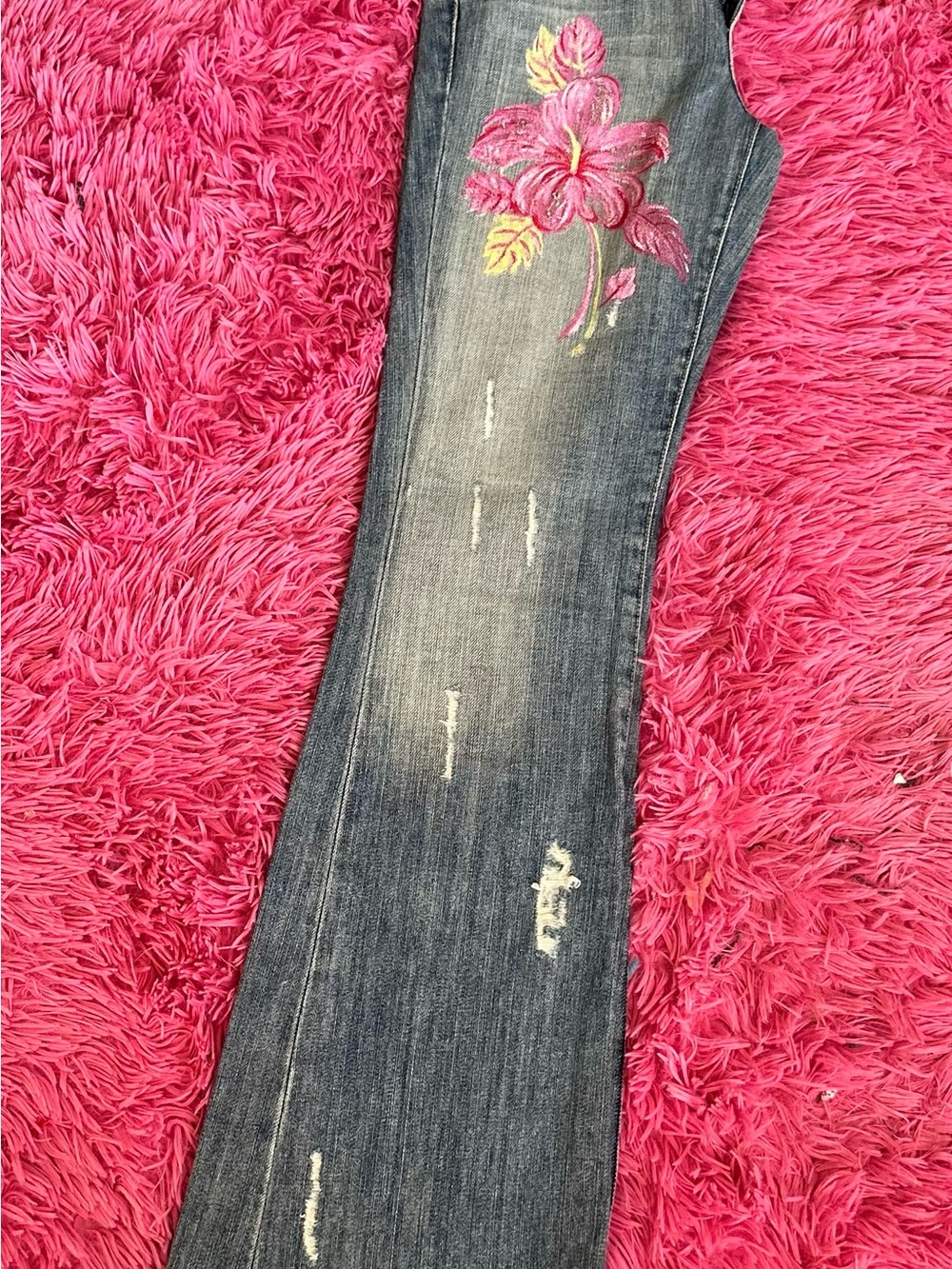 Guess Blue Denim Flare Jeans with Pink Floral Embroidery - Picture 8 of 15